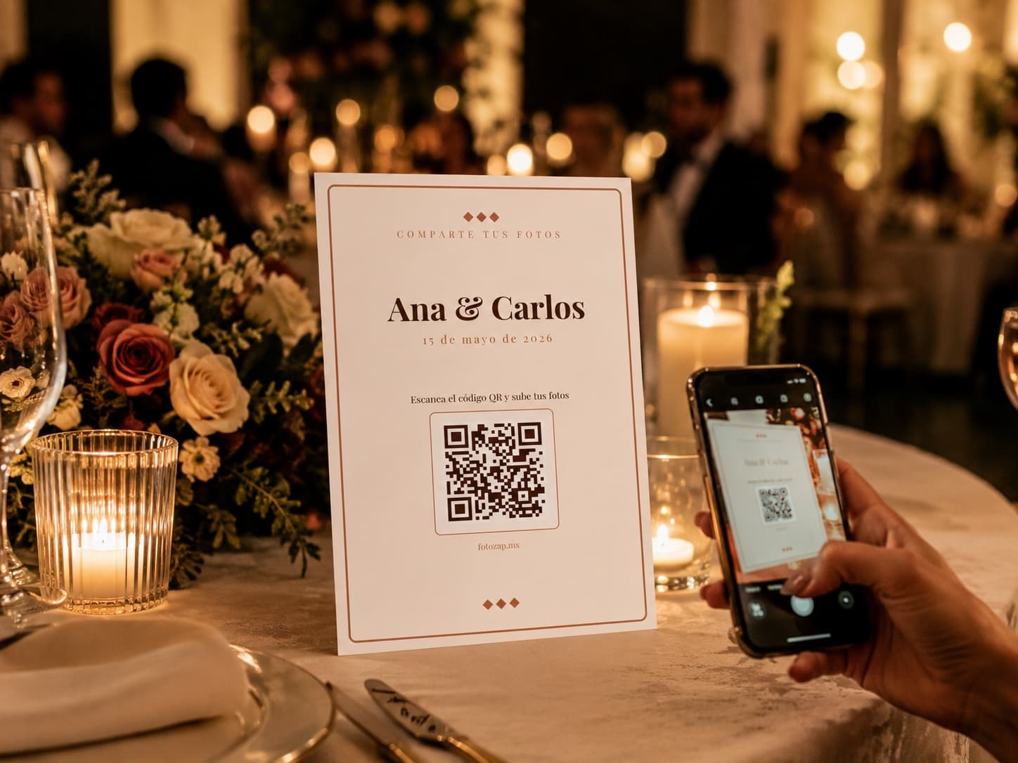Invitado escaneando la tarjeta QR de FotoZap en mesa de boda con velas y flores